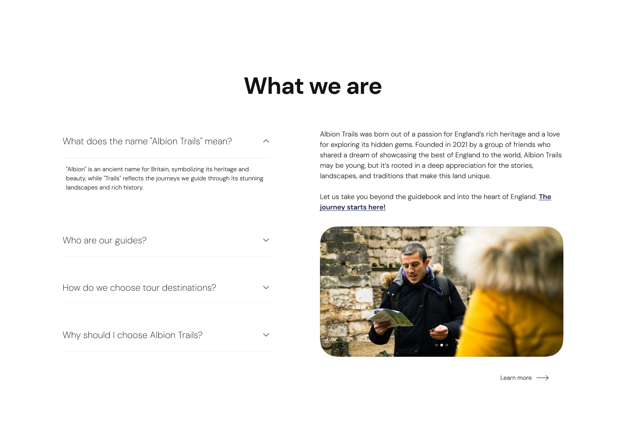 Webpage for Albion Trails featuring FAQs on their services and ethos. Includes an image of a man in a winter coat holding a map, suggesting exploration. Tone is inviting and informative.